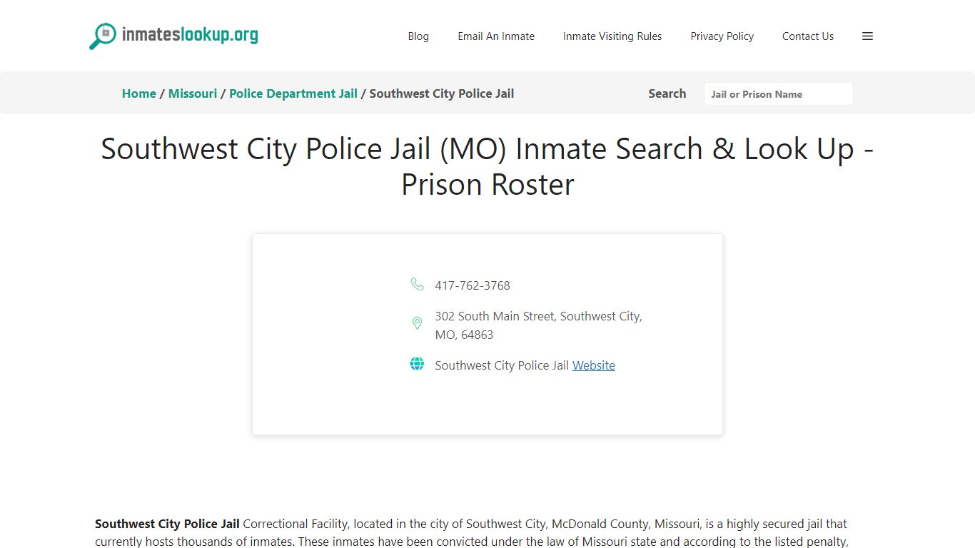 Southwest City Police Jail (MO) Inmate Search & Look Up - Prison Roster